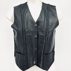 Hot Leathers Women Black Leather Vest XS Embroidery Butterfly Snap Button NWOT